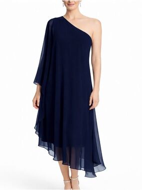 LAUREN RALPH LAUREN One-Shoulder Navy Chiffon Evening Dress Size 12 Formal